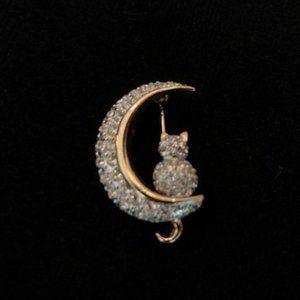 VINTAGE Cresent Moon w/Cat Brooch / Pin Clear Pave Rhinestones